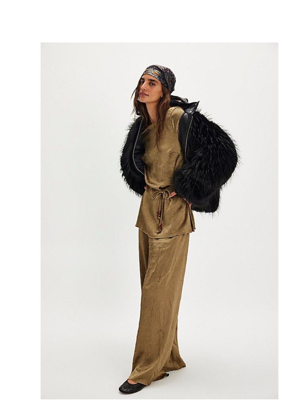 NWOT Free People Metallic Olive Gold Wide-Leg Pants Set